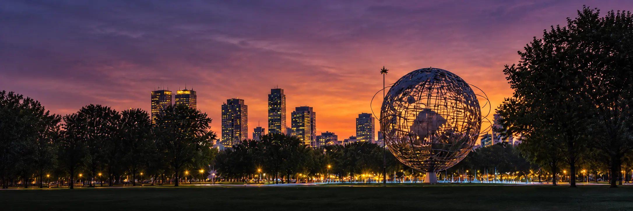 Illustrated Flushing skyline and the Unisphere at dusk