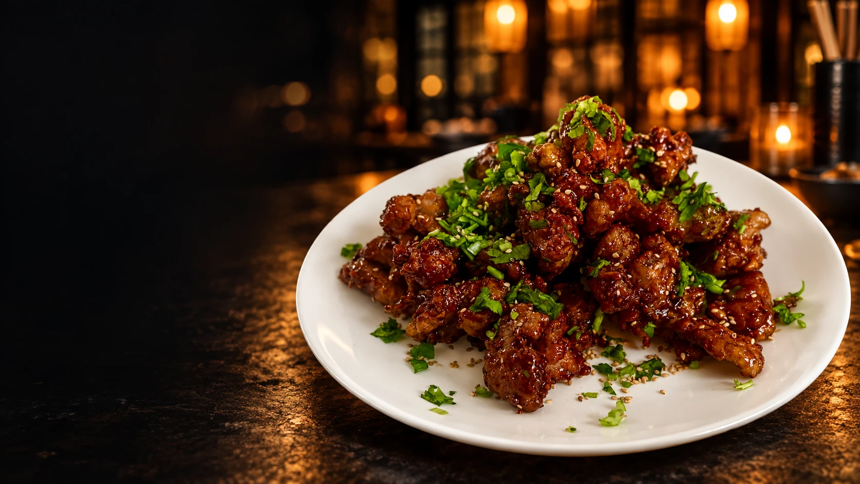 Our Korean sweet and crispy chicken, glazed and topped with sesame seeds and fresh herbs on a white plate
